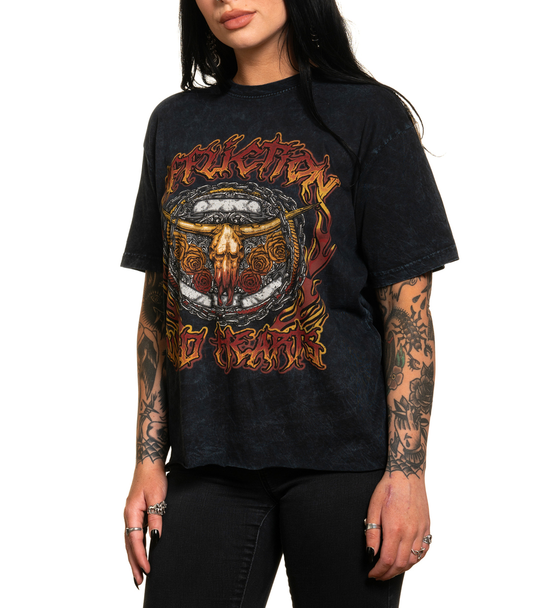 T-shirt Til Kvinder AFFLICTION - WILD HEARTS FLAME - BLACK LAVA WASH S